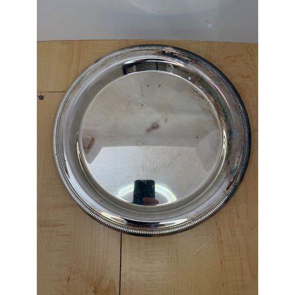 Vintage Silver Plated Round Serving Tray Beaded Rim Platter 12 Inch - Picture 2 of 6